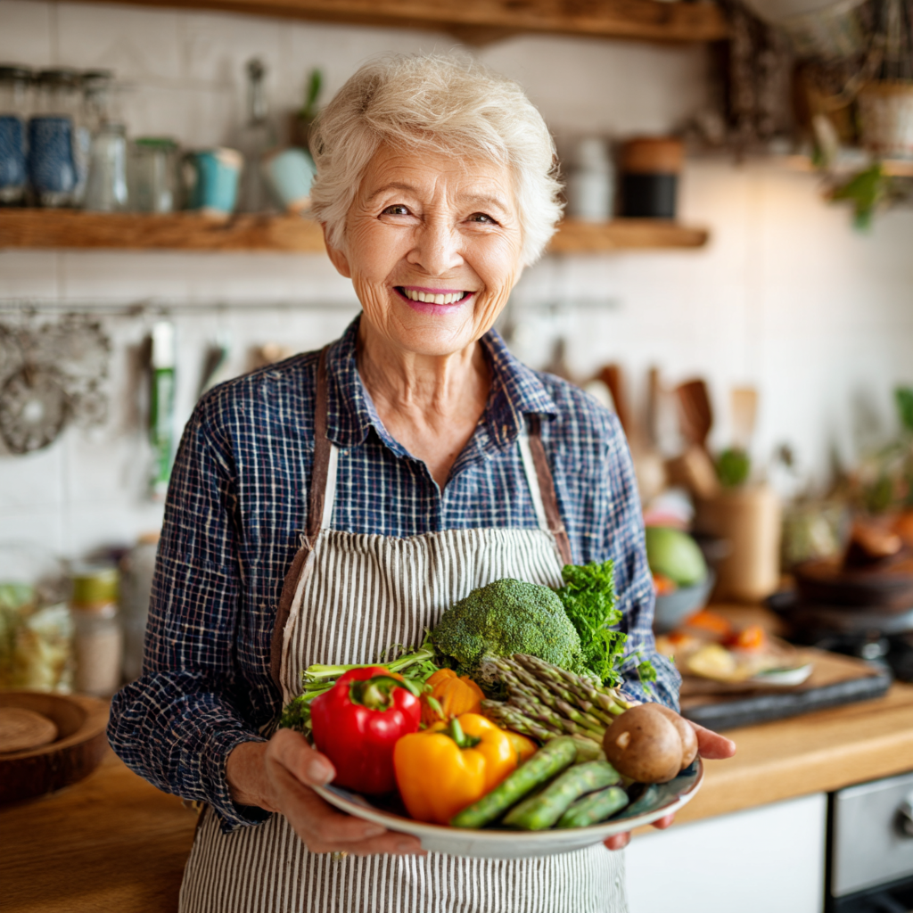 Cheerful elderly European man preparing a balanced meal with vegetables, lean proteins and whole grains in a modern kitchen